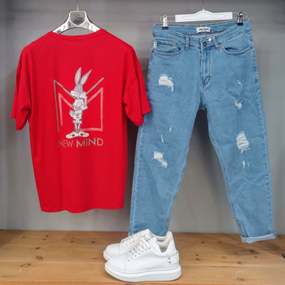 Κοντομάνικο Oversize T-Shirt Κόκκινο με Σχέδιο Bugs Bunny 100% Βαμβάκι Ελληνικής &Jeans Παντελόνι Ελαστικό Ανοιχτό Μπλε με Σχισίματα 100% Βαμβάκι παντελόνι τζιν