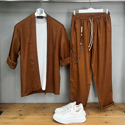 Σετ Λινό Κιμονό & Παντελόνι, σε λαδί, , ταμπα και μπλε | Ιταλικής Κατασκευής