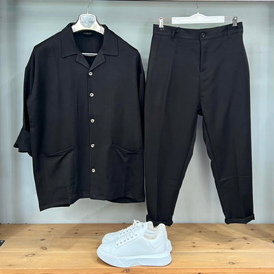 Σετ λαδί & μαύρο πουκαμίσα & παντελόνι με άνετη γραμμή Ιταλικής Κατασκευής