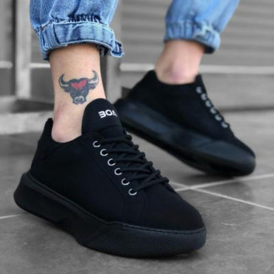 Μαύρα Παπούτσια απο Υφασμάτινο Υλικό και Λευκή Επιγραφή - Άνετη Γραμμή με Παχιά Λαστιχένια Σόλα | BA01NN40