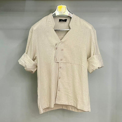 Ανδρική Πουκαμίσα Λινή Μαύρη με Στρογγυλεμένο Γιακά και Κοντά Μανίκια - Ιταλικής Κατασκευής | MD525TS