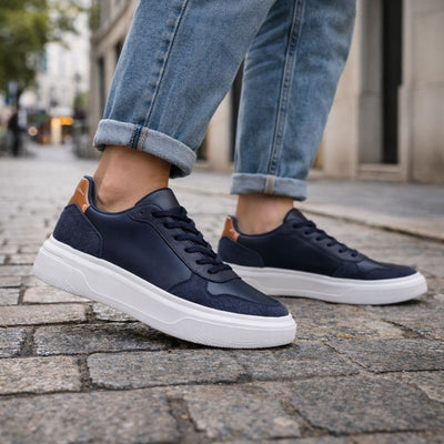 Ανδρικά Sneakers Παπούτσια Navy με Λευκή Σόλα & Καφέ Λεπτομέρεια
