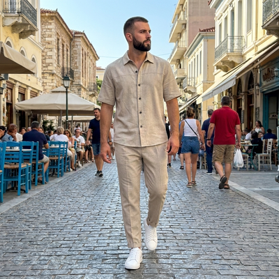 Λινό Σετ Πουκάμισο & Παντελόνι Sand Beige