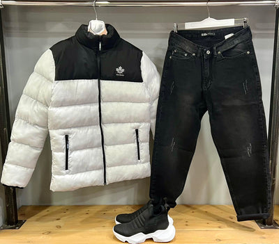Σετ απο μπουφαν puffer & τζιν μαυρο με μποτακια