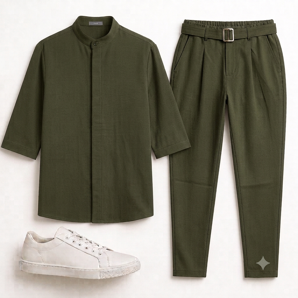 Ανδρικό Σετ Μαο Πουκάμισο & Jogger Παντελόνι Loose Fit με τόκα