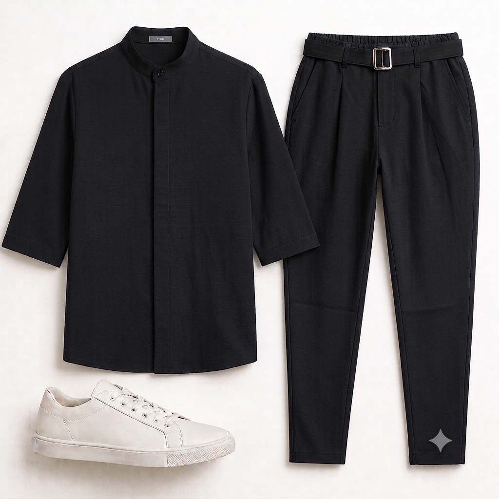 Ανδρικό Σετ Μαο Πουκάμισο & Jogger Παντελόνι Loose Fit με τόκα