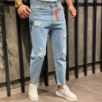 Title: Ανδρικό Jeans Παντελόνι Ελαστικό Ανοιχτό Μπλε με Σχισίματα 100% Βαμβάκι | OS559729
