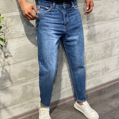 Title: Κλασικό Jeans Παντελόνι Μπλε Αποχρώσεις 100% Βαμβάκι με Φυσικό Νοτισμένο Εφέ | OS566029