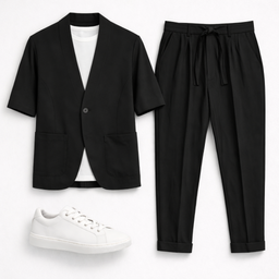 Μαύρο ανδρικό  Σετ Σακάκι Κοντομάνικο & Παντελόνι με ζώνη στη μέση