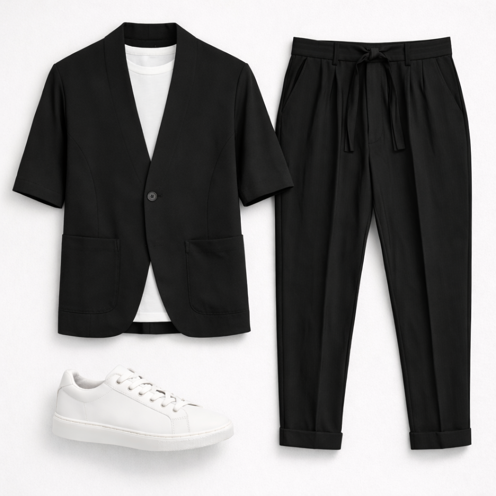 Μαύρο ανδρικό  Σετ Σακάκι Κοντομάνικο & Παντελόνι με ζώνη στη μέση
