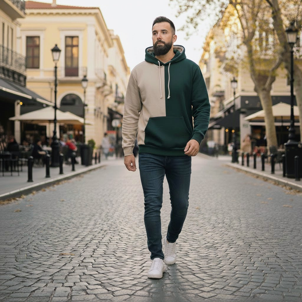 Ανδρικό Δίχρωμο Φούτερ με Κουκούλα Μπεζ-Κυπαρισσί&Μπεζ-μαύρο 100% Βαμβάκι