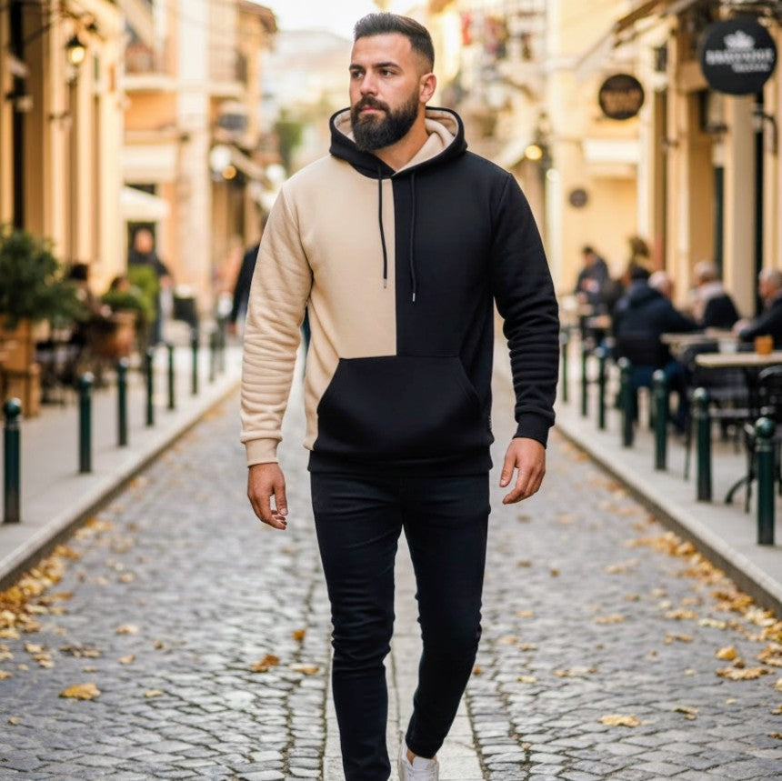 Ανδρικό Δίχρωμο Φούτερ με Κουκούλα Μπεζ-Κυπαρισσί&Μπεζ-μαύρο 100% Βαμβάκι