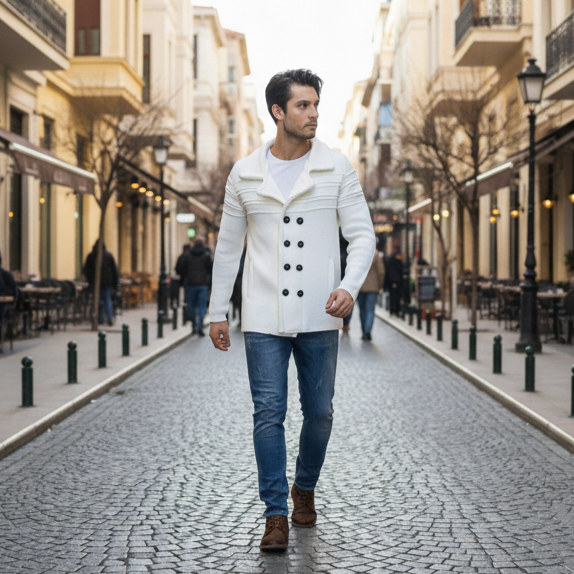 Ανδρική πλεκτή ζακέτα λευκό και μαύρο με μαύρα Κουμπιά