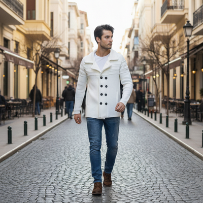 Ανδρική πλεκτή ζακέτα λευκό και μαύρο με μαύρα Κουμπιά