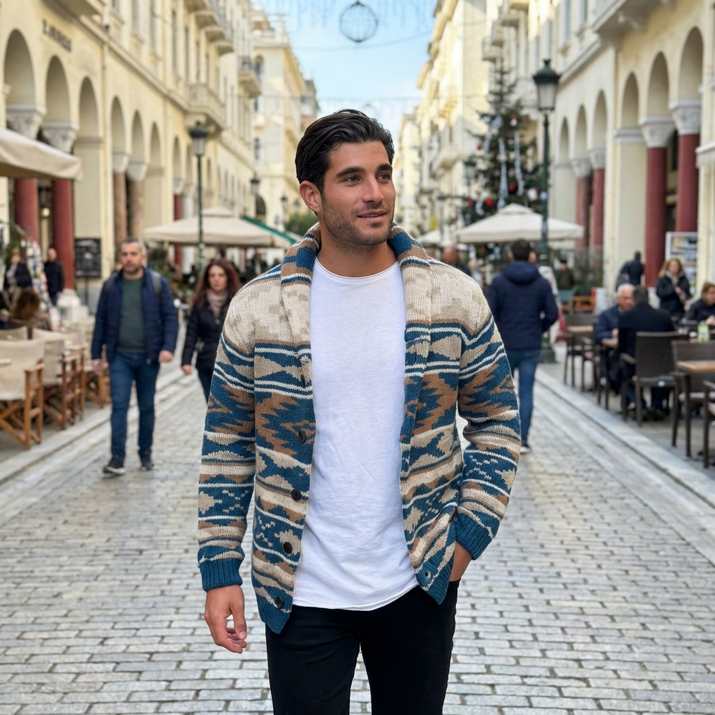 Ανδρική πλεκτή ζακέτα ethnic με γιακά και κουμπιά ελληνικής κατασκευης