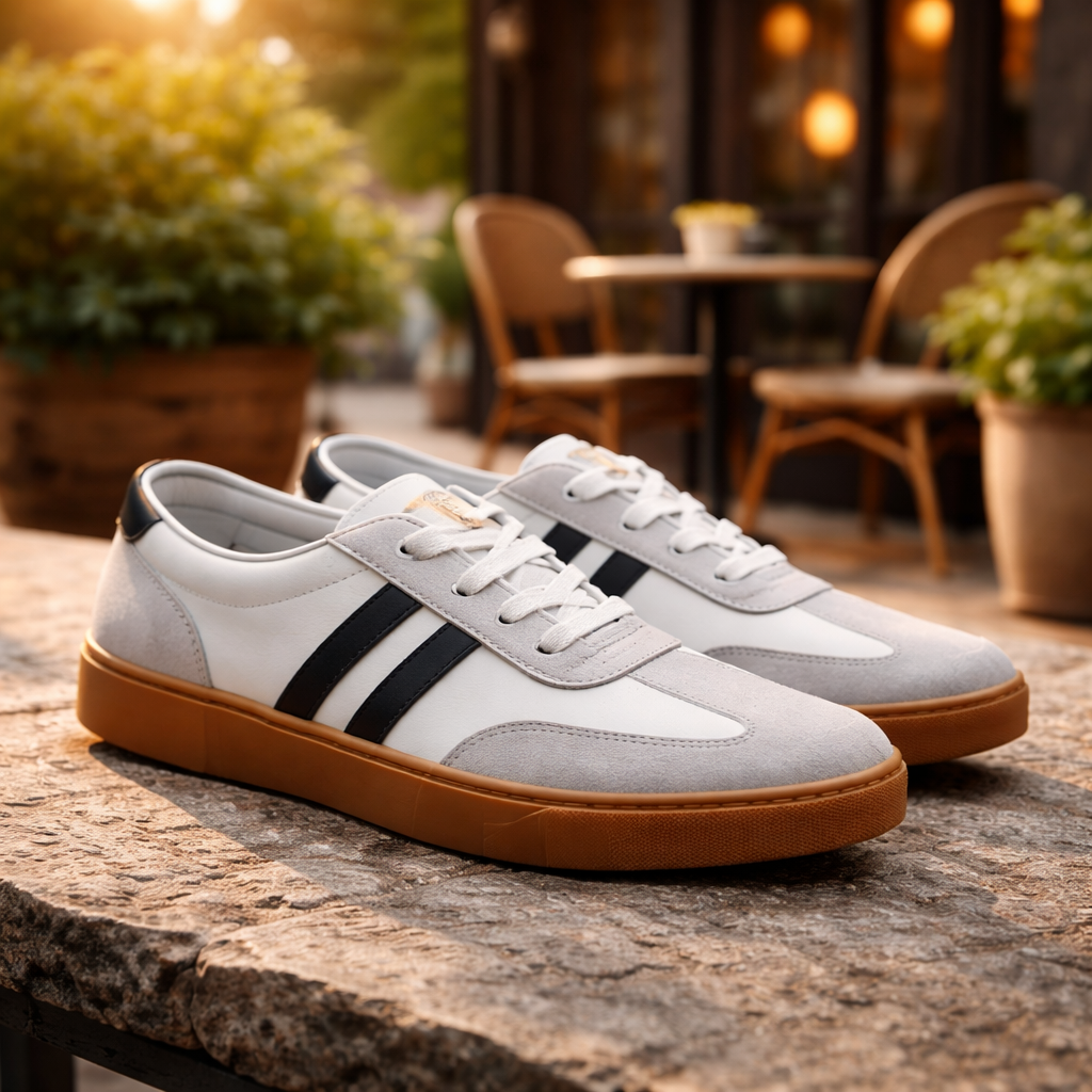 Ανδρικά παπούτσια  Sneakers Λευκά με Μαύρες Ρίγες & Gum Σόλα