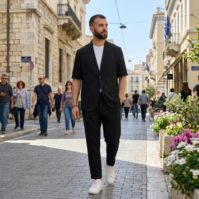 Μαύρο ανδρικό  Σετ Σακάκι Κοντομάνικο & Παντελόνι με ζώνη στη μέση