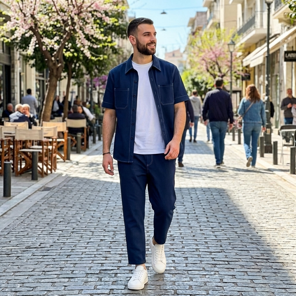 Ανδρικό Σετ Τζιν Look Πουκάμισο & Capri Παντελόνι Μπλε